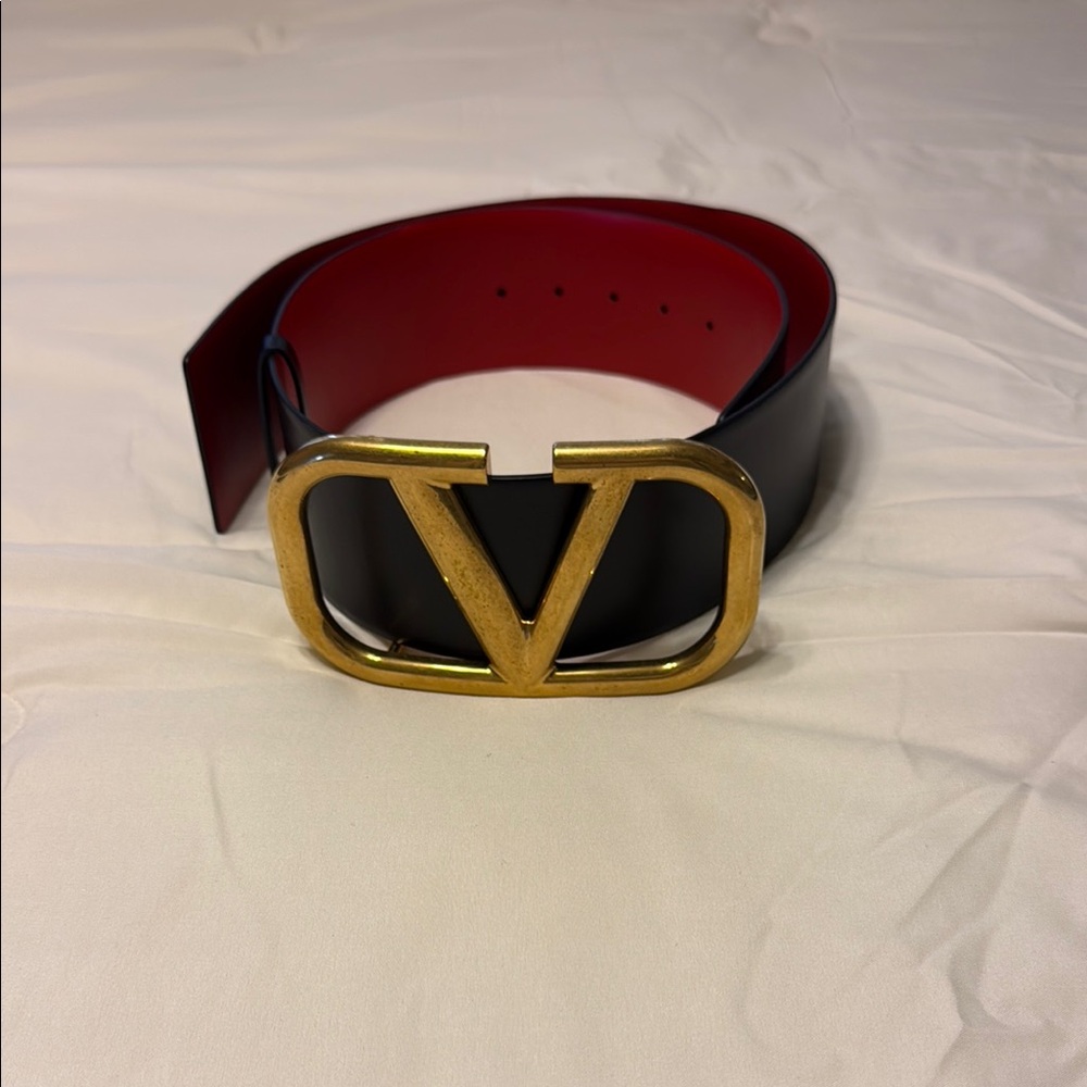 Valentino Black and Red Designer Belt with Gold V Buckle